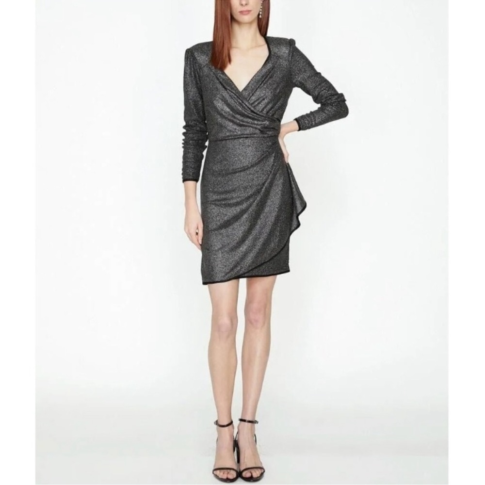 KOTON Metallic Wrap Dress Long Sleeve Party Cocktail Bodycon Black Silver M NWOT